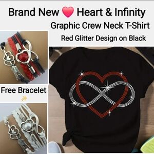 Heart & Infinity Symbol Graphic Crew Neck Black T-Shirt - Red Glitter Design